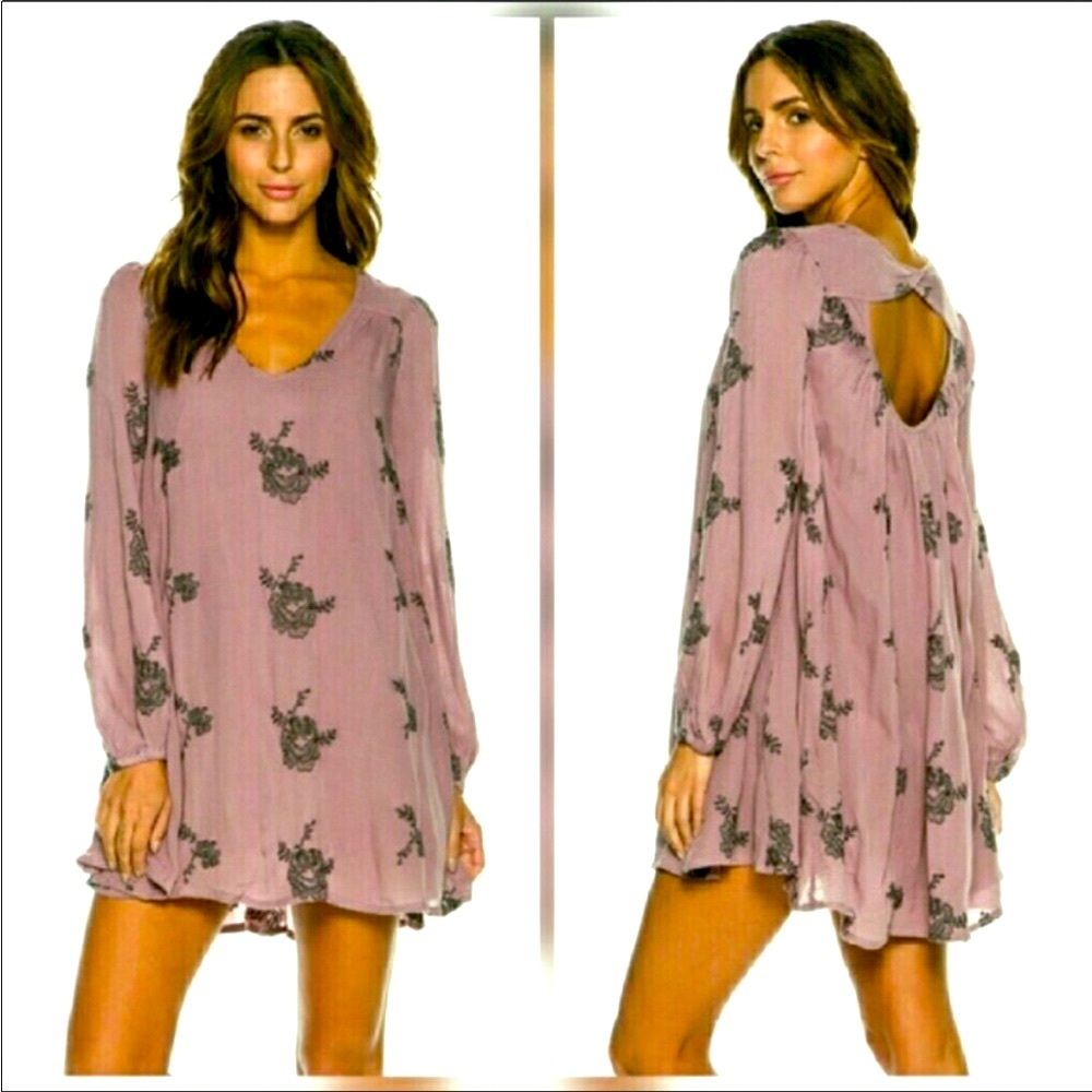 Free People Mauve Floral Long Sleeve Swing Dress